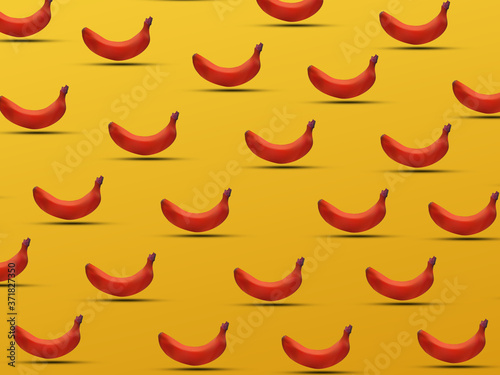 Ripe colored bananas on color background, spacial repeated banana mutation concept 