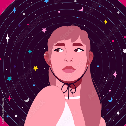 Portrait of a pretty woman in a hat. Fashionable girl on a background of stars. A headdress with a space pattern. Astrology and esoterics. Trendy vector cartoon illustration. Flat design.