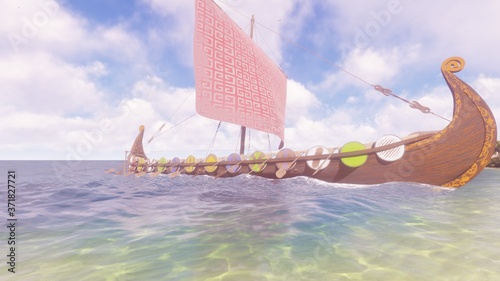 A Viking warship stands on the shore of a beautiful lost tropical island. Concept on the theme of the Vikings and the early middle ages. 3D Rendering. photo