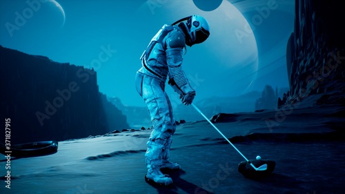 Fotografia An astronaut explorer is playing Golf on a beautiful alien planet