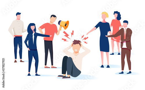 Vector illustration, the problem of bullying, a man sits on the floor surrounded by people mocking him. photo