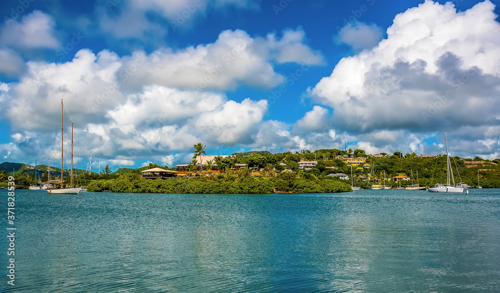 A view across the English Harbour towards Nelson's Dockyard Marina in Antigua