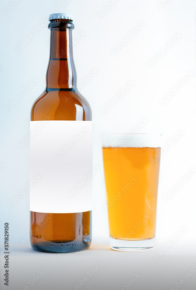 A Big Beer Bottle Mock-Up with glass of session pale ale and foam. Blank Label
