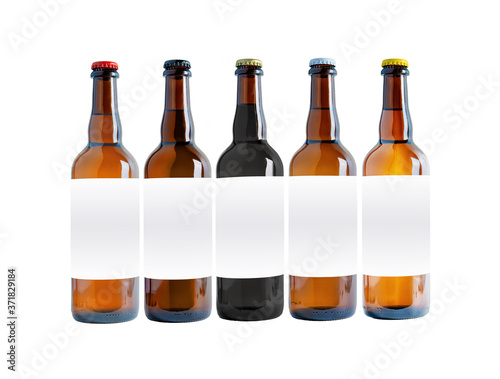 Five Big Beer Bottles Mock-Up with different caps. Blank Label on white background