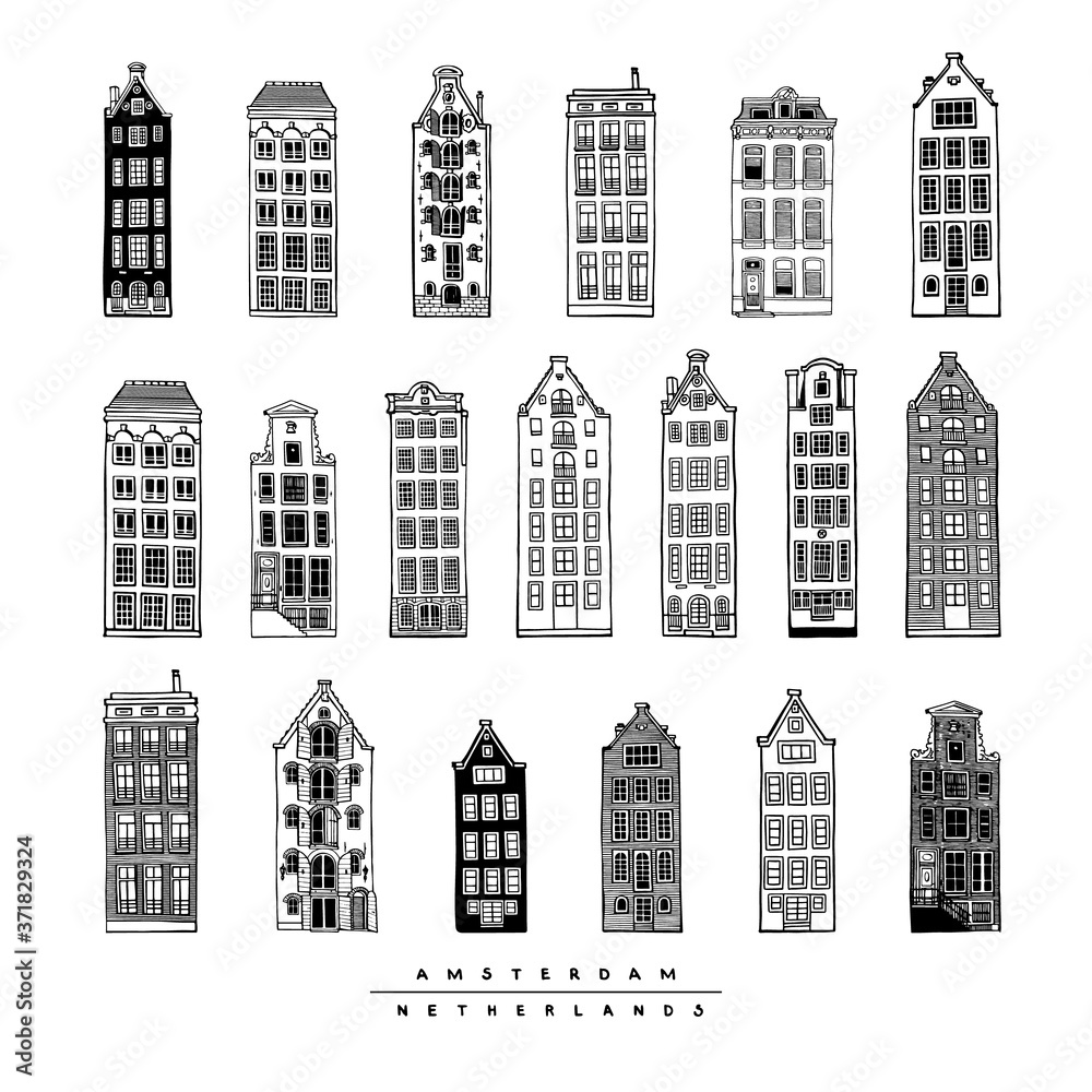 Big set of old houses of Amsterdam, Netherlands. Hand-drawn collection of cards of urban sketches. Vector illustration of European city.