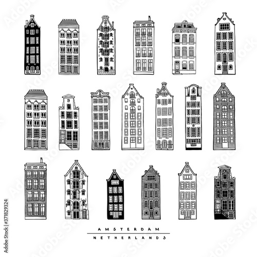 Big set of old houses of Amsterdam  Netherlands. Hand-drawn collection of cards of urban sketches. Vector illustration of European city.