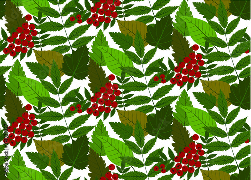 seamless pattern with green leaves and red berries