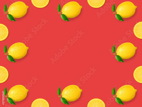 creative background lemons on bright red minimal background, fresh yellow lemon top view; ctrus with copy space : Flat lay