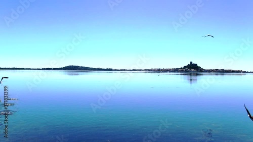 Flamants roses au dessus de l'étang de Gruissan, Aude, France, vue aérienne, photo