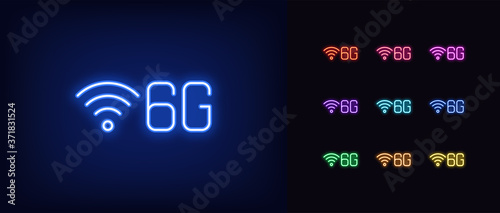 Neon 6G network icon. Neon 6g technology sign, high speed internet