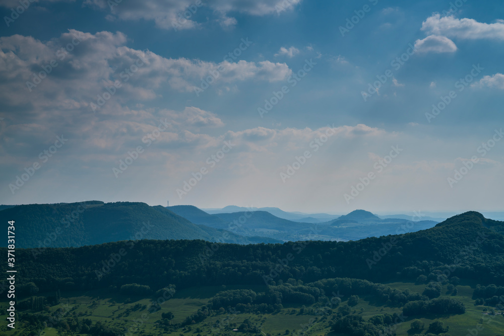 Germany, Aerial scenic view above valley and mountains of swabian alb nature landscape from above