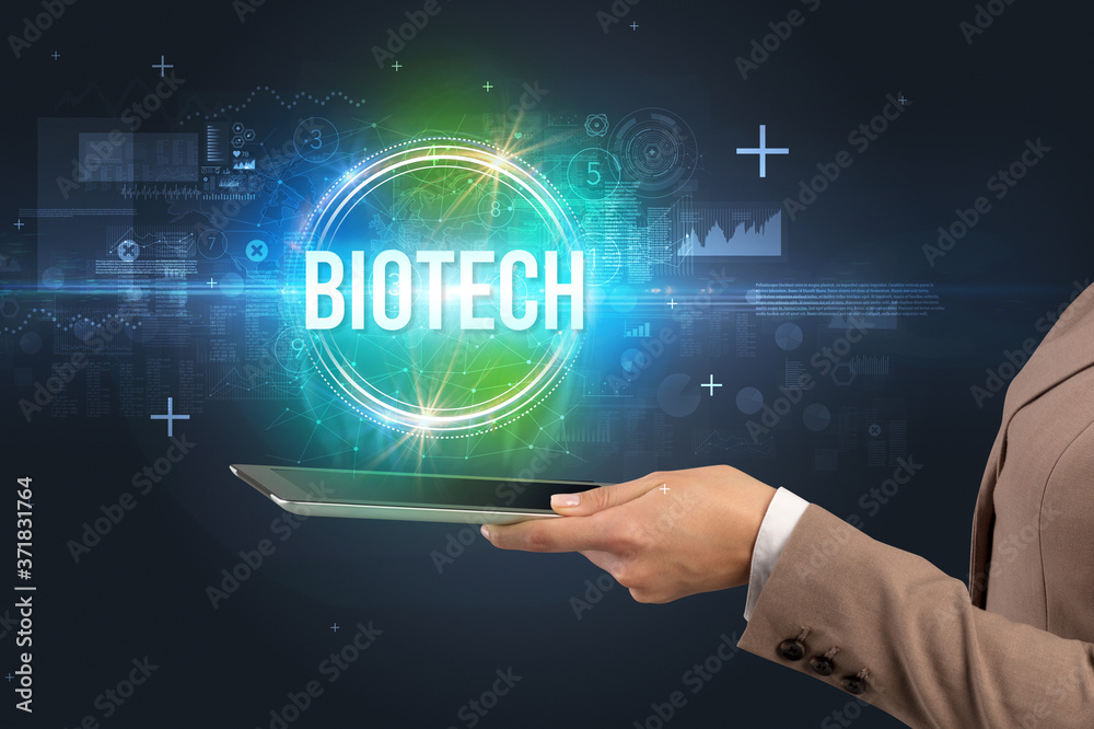 Close-up of a touchscreen with BIOTECH inscription, new technology concept Close-up of a touchscreen with BIOTECH inscription, new technology concept