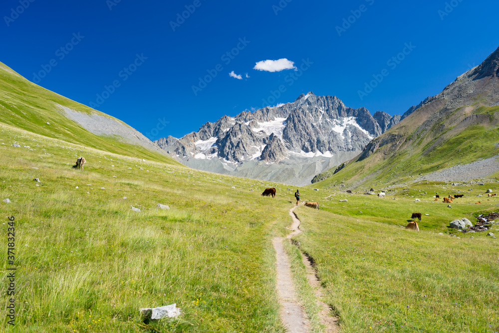 Mountain landscape on the french Alps, Massif des Ecrins. Scenic rocky mountains at high altitude with glacier