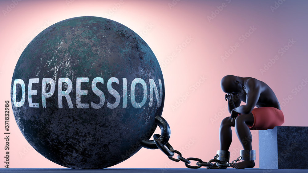 Depression as a heavy weight in life - symbolized by a person in chains  attached to a prisoner ball to show that Depression can cause suffering, 3d  illustration Stock Illustration | Adobe Stock