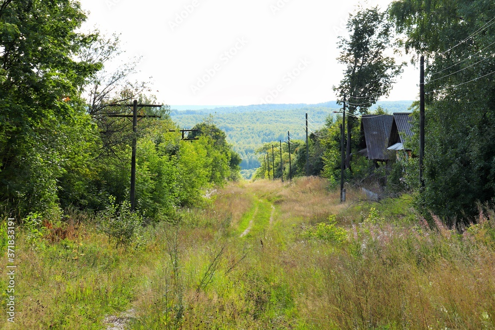 Street in an abandoned village overgrown with grass