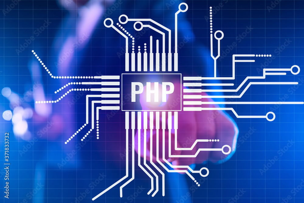 PHP development. Logo of the PHP code is decorated with lines with an electronic board. Man in the background. Concept - Senior PHP developer. Writing code for a web application. Backend development PHP development. Logo of the PHP code is decorated with lines with an electronic board. Man in the background. Concept - Senior PHP developer. Writing code for a web application. Backend development