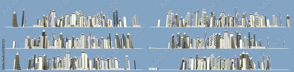 6 detailed renders of modern architectural structures forming city skyline isolated on blue background, city development concept - 3D illustration of objects