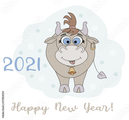 Year of the bull. 2021. Funny character of a cute cow with a haircut and a bell on his neck. New Year card, poster with Happy New Year greetings. For festive design and decoration. Vector