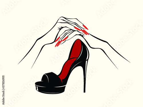 Woman hands with beautiful red nail polish manicure and stiletto shoe.High heels fashion item.Accessories, style and beauty illustration.Elegant, luxury nails art and footwear.