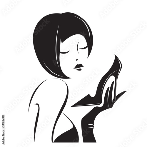 Woman with elegant makeup, hairstyle and stiletto shoe.High heels and glove luxury items.Retro style lady.Flapper girl.Cute female portrait and hand.Fashion and cosmetics illustration.