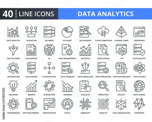 Data Analysis Vector Line Icons Pack. Related Of Diagram, Analytics, Statistics, Charts, Big Data, Processing. Simple Thin Lines Quality Icon For Web Elements