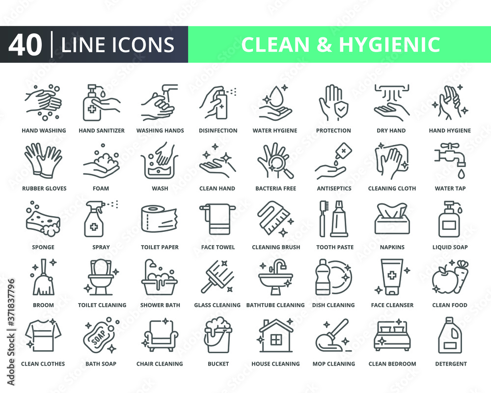 Hygiene vector line icons pack. Related of hand wash, cleaning, hygienic. Thin line quality icon for web element