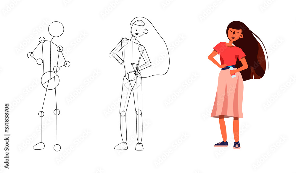 Vector people image. Characters illustration. Building the image of a girl. Skeleton of a static position Vector people image. Characters illustration. Building the image of a girl. Skeleton of a static position