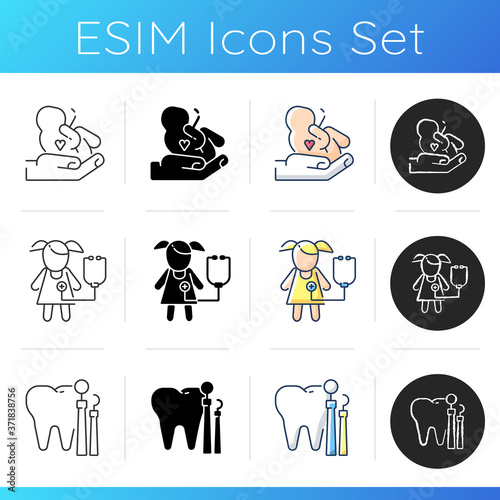 Children health care icons set. Pregnancy and childbirth. Pediatric department. Dental medicine and health. Medical healthcare. Linear, black and RGB color styles. Isolated vector illustrations