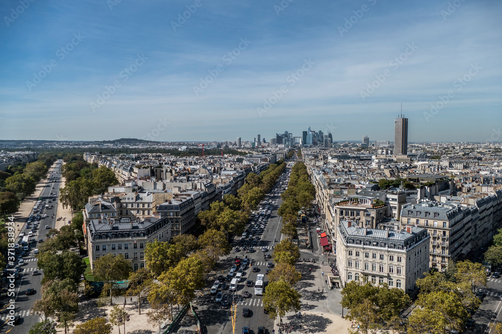 Large aerial view of the skyline of Paris with the skyscrapers of La Defense