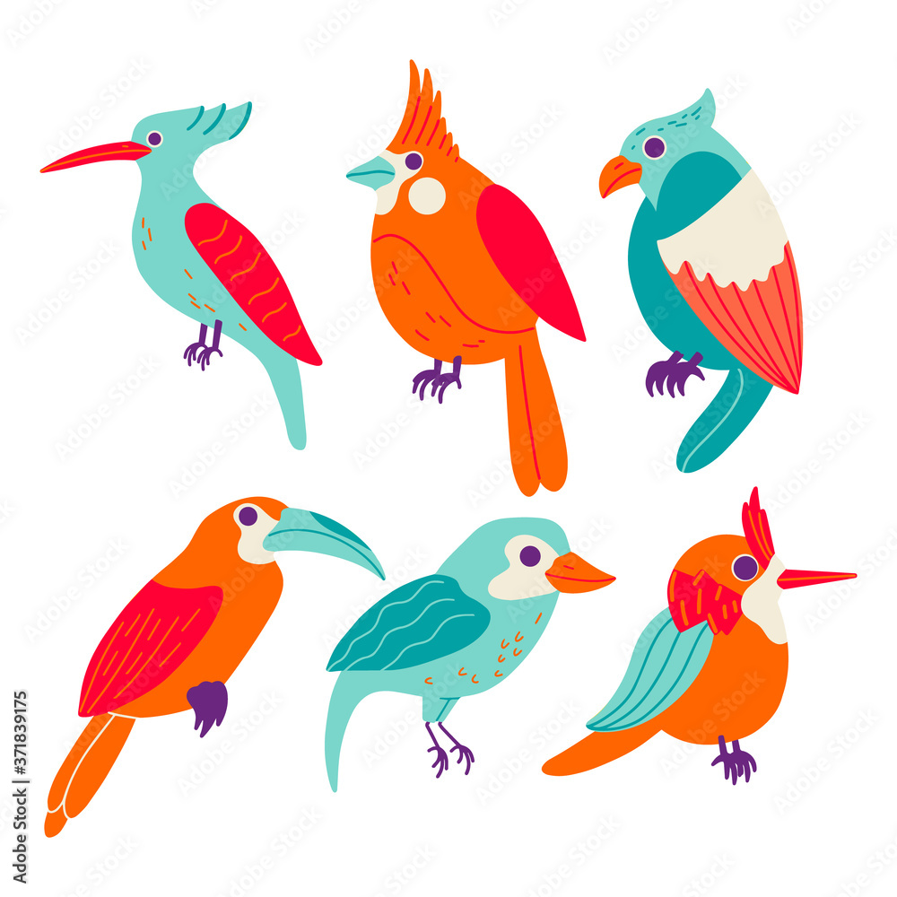 Fototapeta premium Set of birds color flat illustration drawing. The bird profile is tropical and flattering. Vector illustration for cards, brochures, posters and decor.