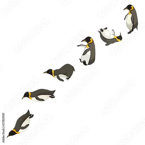 Set of penguins in Cartoon style on white isolated background made as a vector stock illustration for prints or stickers, concept of Antarctic animals and birds, Wildlife, Pole and Cartoon Character.