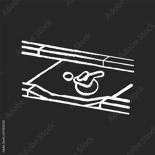 Dropped kerb chalk white icon on black background. Curb cut. Access between street and sidewalk. Wheelchair users. Driveway. Modern city infrastructure. Isolated vector chalkboard illustration