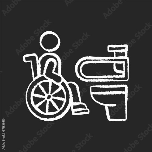 Accessible toilet chalk white icon on black background. People with physical disabilities conveniences. Wheelchair accessible public toilet. Isolated vector chalkboard illustration