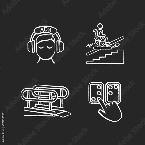 People with disabilities facilities chalk white icons set on black background. Braille code. Video description. Wheelchair platforms and stairlifts. Isolated vector chalkboard illustrations
