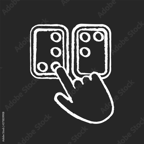 Braille directions chalk white icon on black background. Tactile reading system for blind persons. Writing system. Braille code. Blindness language. Isolated vector chalkboard illustration