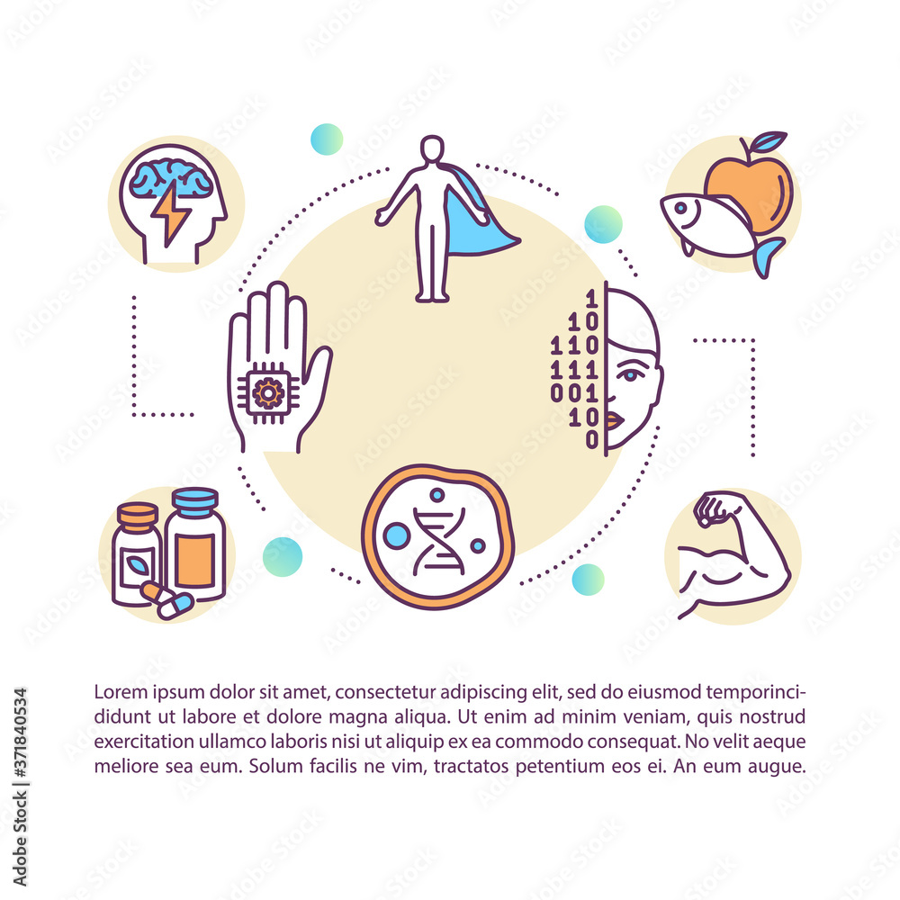 Body hacking concept icon with text. Natural and technological self improvement. PPT page vector template. Biohacking brochure, magazine, booklet design element with linear illustrations Body hacking concept icon with text. Natural and technological self improvement. PPT page vector template. Biohacking brochure, magazine, booklet design element with linear illustrations