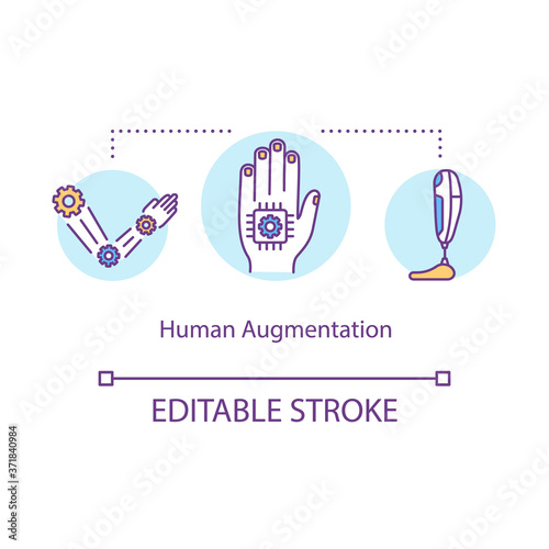 Human augmentation concept icon. Body hacking, biopunk idea thin line illustration. Self improvement with prosthetic limbs and microchips. Vector isolated outline RGB color drawing. Editable stroke