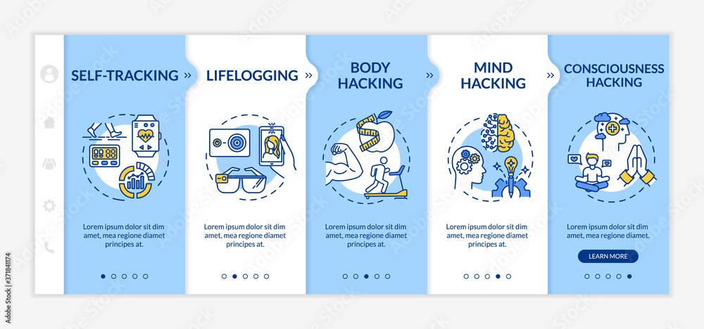 Biohacking elements onboarding vector template. Self tracking, lifelogging. Physical and mental improvement. Responsive mobile website with icons. Webpage walkthrough step screens. RGB color concept