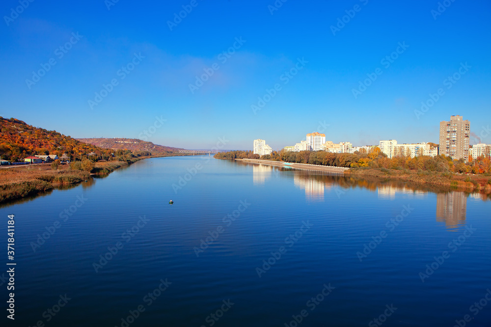 Dnister the largest river in Moldova . Scenery of Rybnitsa town in Transnistria from Moldova . Fantastic autumn nature 