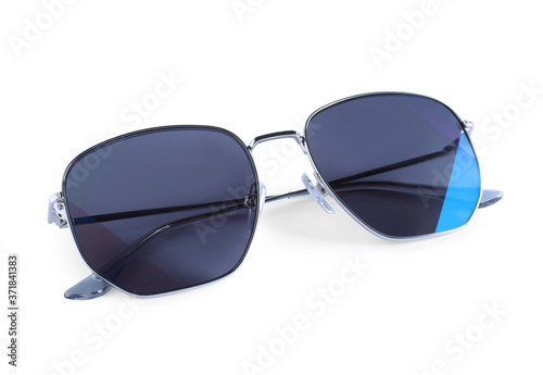 Stylish sunglasses on white background. Summer accessory