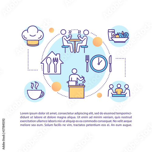 College cafeteria concept icon with text. High school cafe. Kitchen facility for university students PPT page vector template. Brochure, magazine, booklet design element with linear illustrations