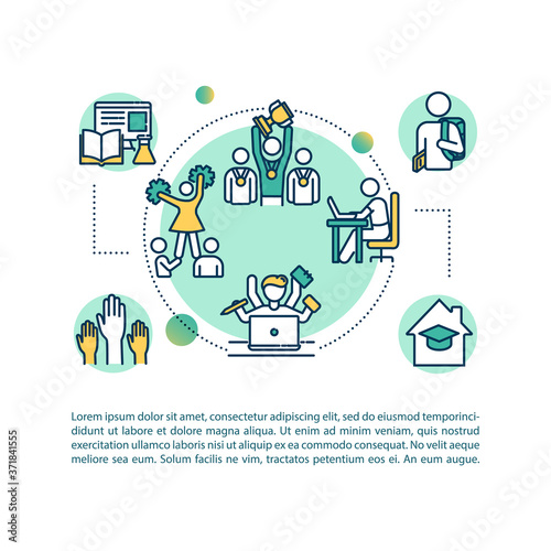 Student life concept icon with text. University freshman organization. College lifestyle PPT page vector template. Brochure, magazine, booklet design element with linear illustrations