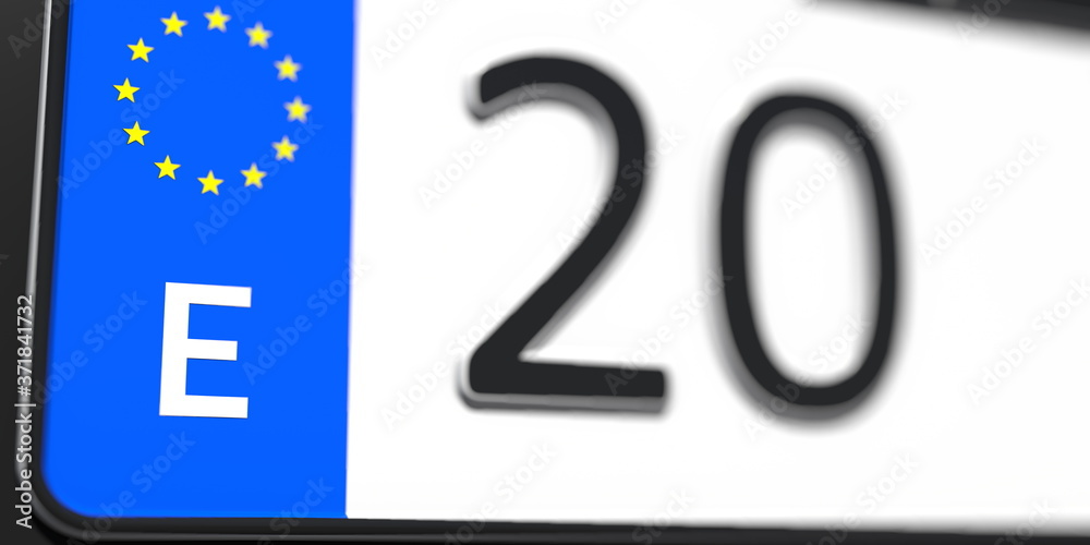 Close-up details of a vehicle registration plate of Spain, part of the set. 3D rendering