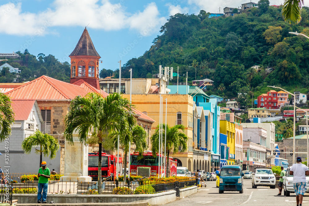 City center of caribbean town  Kingstown, Saint Vincent and the Grenadines - obrazy, fototapety, plakaty 