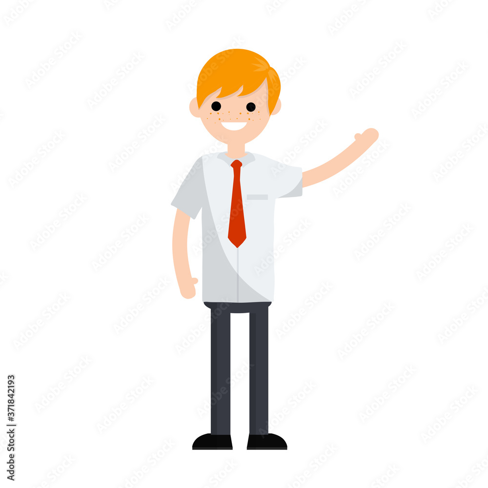 Cartoon flat illustration - young office guy in white shirt and red tie waving hand. happy man company employee. Hand gesture. Cartoon flat illustration - young office guy in white shirt and red tie waving hand. happy man company employee. Hand gesture.