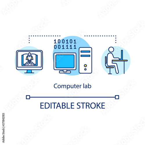 Computer lab concept icon. Technology laboratory. Classroom for student studying. College life idea thin line illustration. Vector isolated outline RGB color drawing. Editable stroke