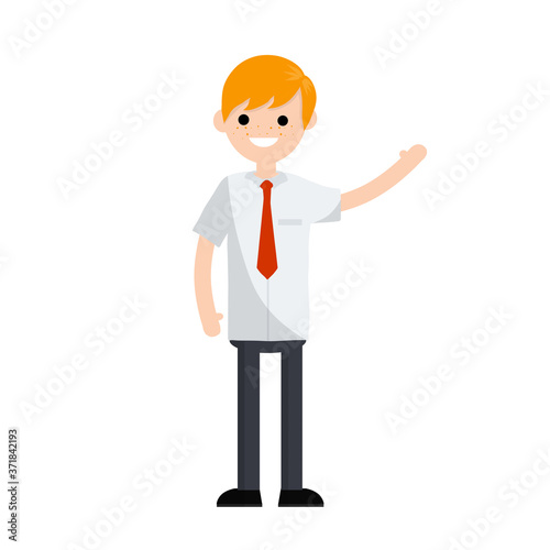 Cartoon flat illustration - young office guy in white shirt and red tie waving hand. happy man company employee. Hand gesture.