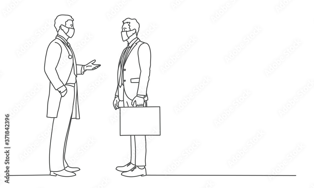 Doctor and businessman in protective masks talking. Line drawing vector illustration.