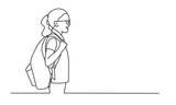 Young girl in glasses with a backpack. Line drawing vector illustration.