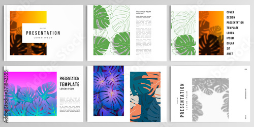 Vector layouts of presentation design templates for brochure, cover design, flyer, book design, magazine, poster. Tropical palm leaves, shadow of tropical jungle leaves. Floral pattern backgrounds.